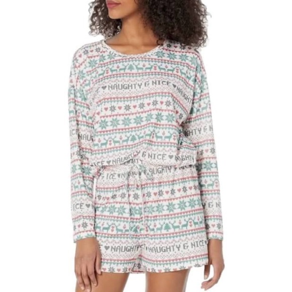Wildfox Naughty and Nice Pajama Set XL Long Sleeve Top Shorts Nordic Christmas - Picture 1 of 16